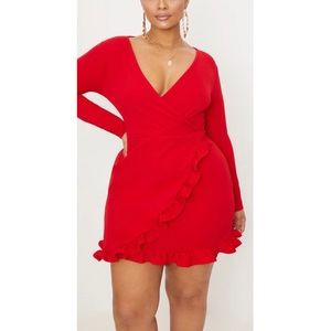 Plus Red Ruffle Wrap Dress